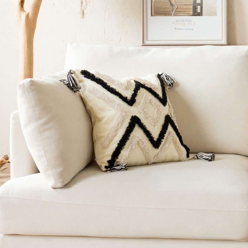 Snugtown Woven Tufted Boho Throw Pillow Cover, Modern Decorative Geometric Chevron Striped Cushion with Tassels, Farmhouse Tribal Pillowcases for Couch Sofa Bedroom Living Room, 18 x 18 Inches, Black, Ivory - Image 5
